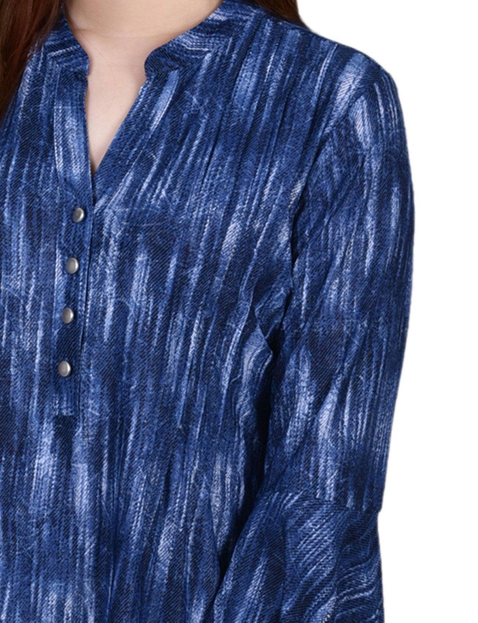 Blue Stripe 3/4 Bell Sleeve Pleat Front Y Neck Top - Petite Product Image