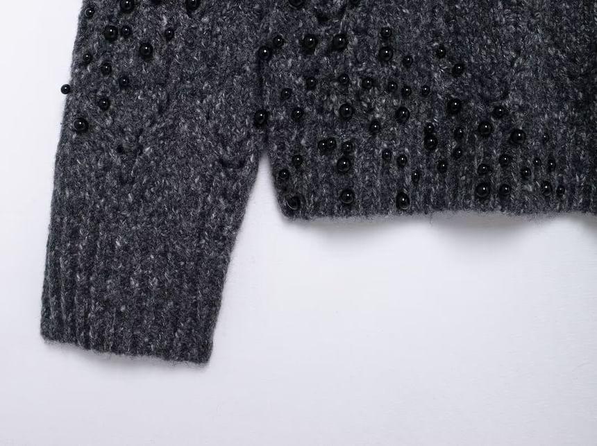 Mock Neck Cold-Shoulder Melange Beaded Sweater Product Image