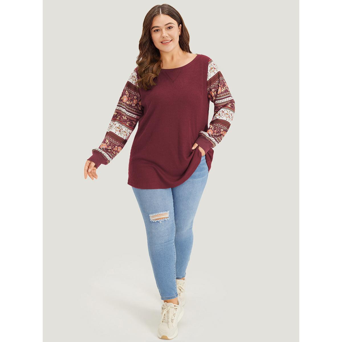 Plus Size Boho Print Patchwork Crew Neck Sweatshirt Women Scarlet Casual Elastic cuffs Round Neck Everyday Sweatshirts BloomChic 30/6X Product Image
