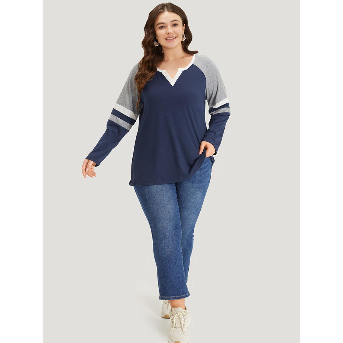 Plus Size Colorblock Contrast Notched Patchwork Raglan Sleeve T-shirt Scarlet Women Casual Contrast Striped Notched collar Dailywear T-shirts BloomChic 26/4X Product Image