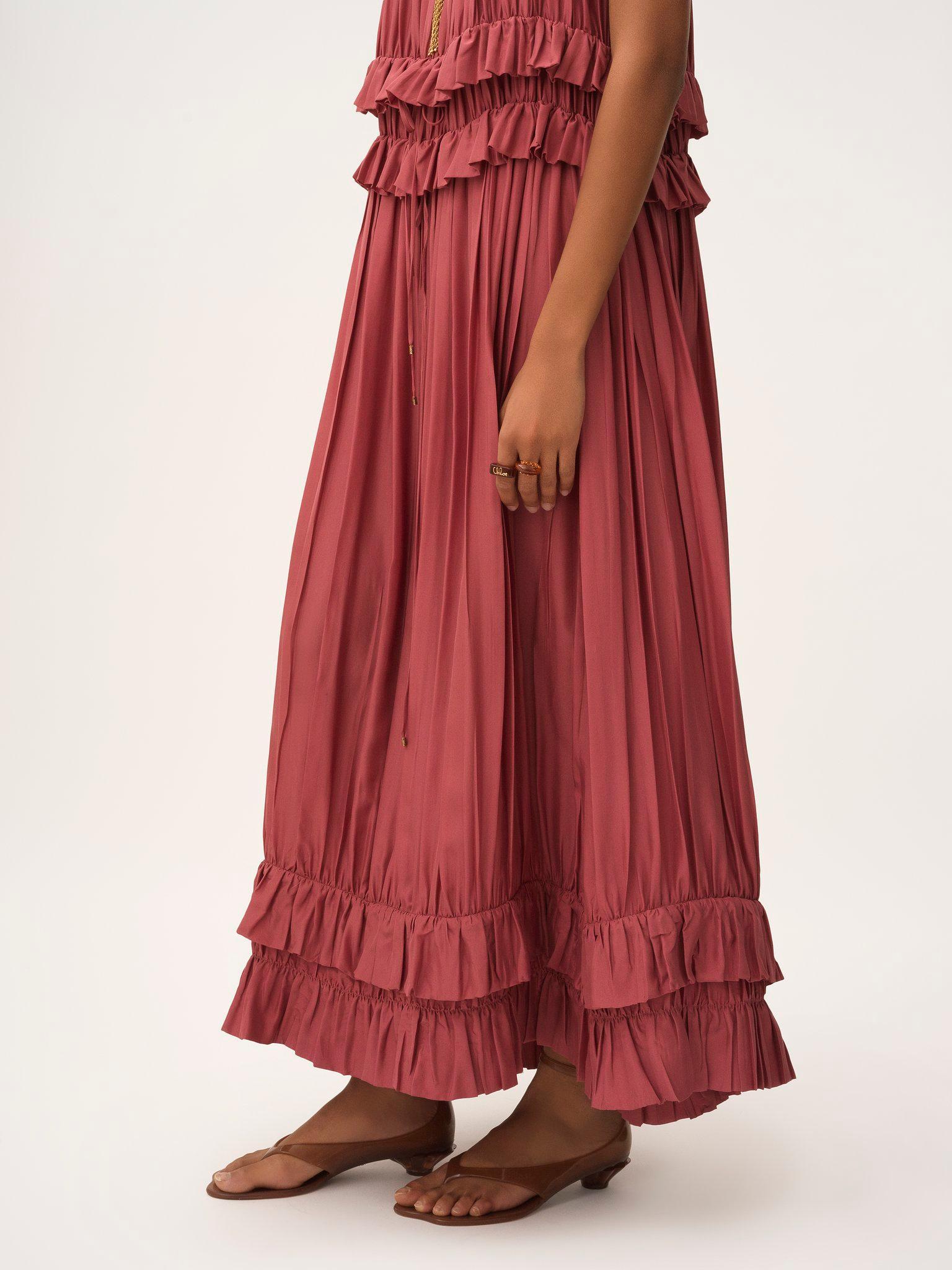 Sleeveless long dress in washed silk pongé Product Image