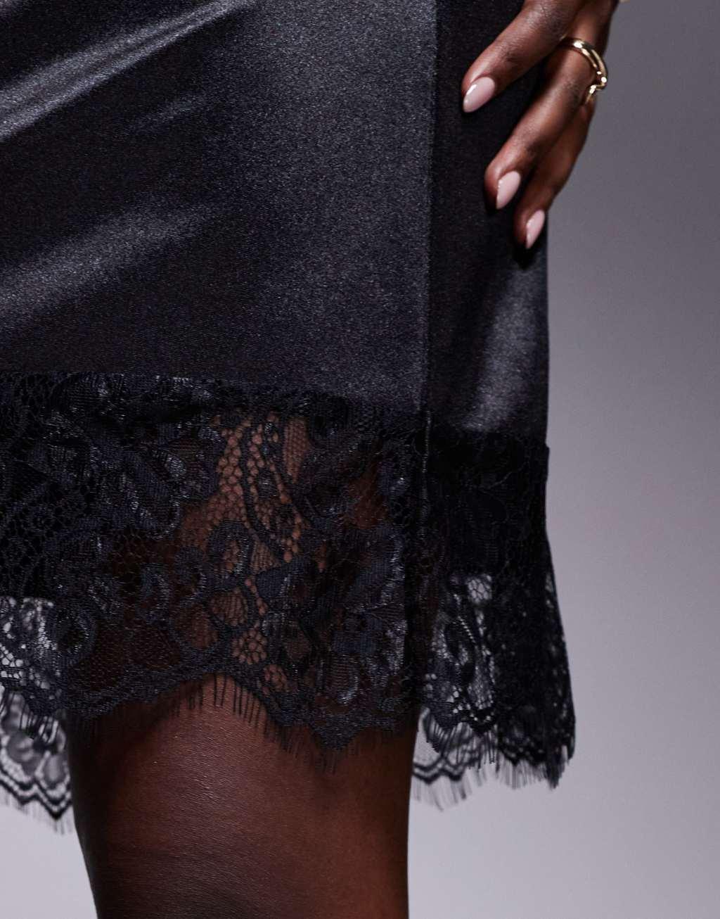 ASOS DESIGN satin lace trim mini skirt in black Product Image