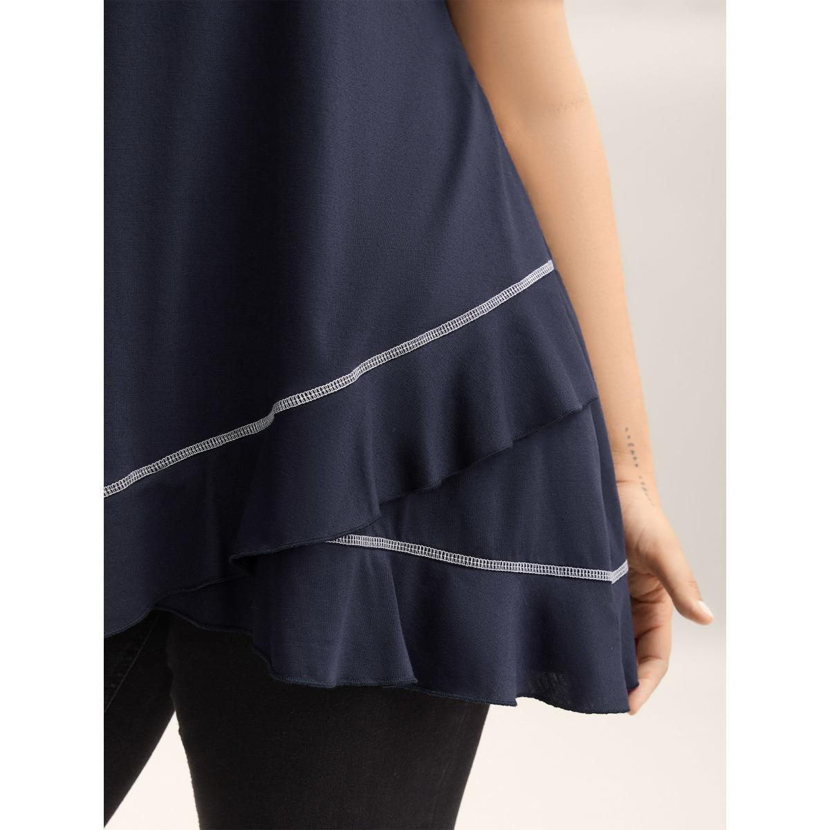 Plus Size Overlap Hem Round Neck T-Shirt Indigo Women Topstitching Round Neck Loose Everyday-Casual T-shirts BloomChic 22-24/3X Product Image