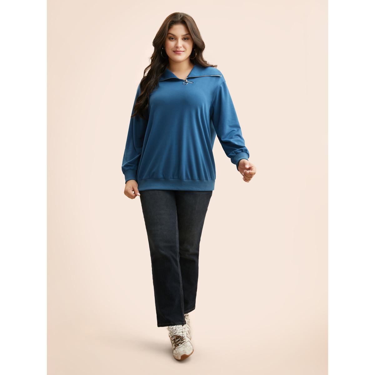 Plus Size Lapel Collar O Ring Zipper Sweatshirt Women Mediumblue Casual Patchwork Loose Lapel Collar Everyday Sweatshirts BloomChic 26/4X Product Image