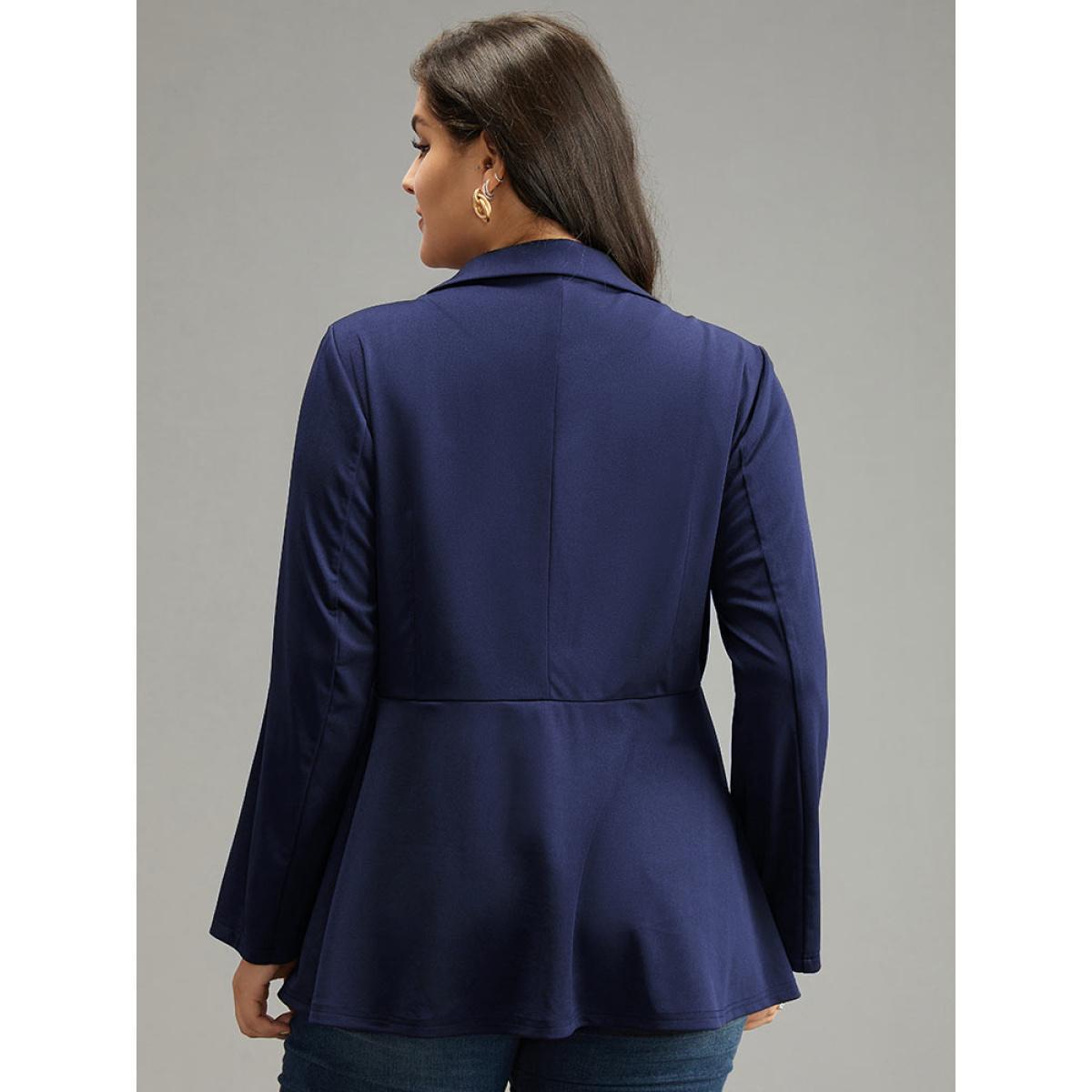 Plus Size Suit Collar Knot Ruffle Hem Blazer Indigo Women Work Plain Plain Sleeve Long Sleeve Suit Collar 26/4X Work From Home Blazers BloomChic Product Image