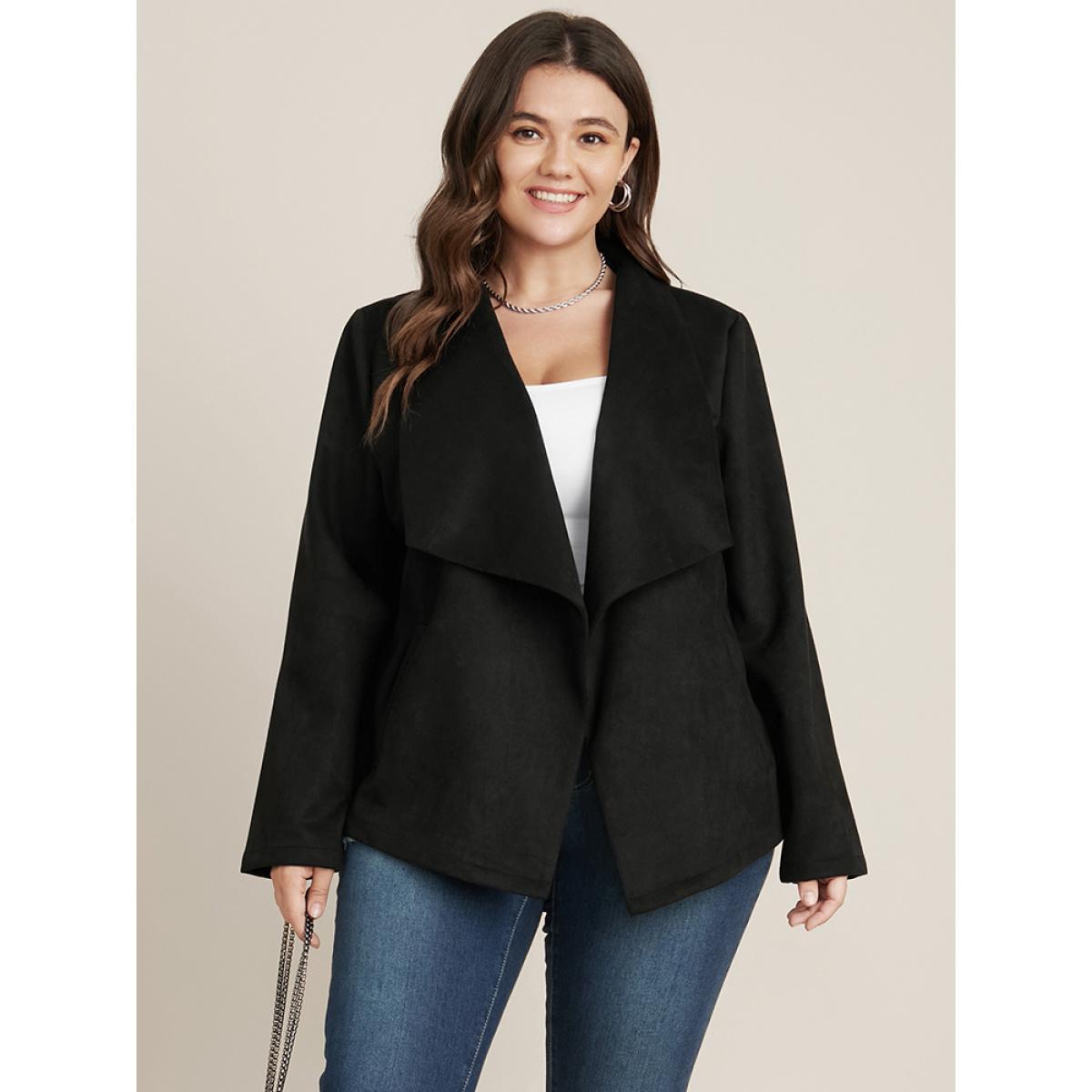 Plus Size Solid Waterfall Collar Pocket Coat Women Black Office Pocket Ladies Work Winter Coats BloomChic 18-20/2X Product Image