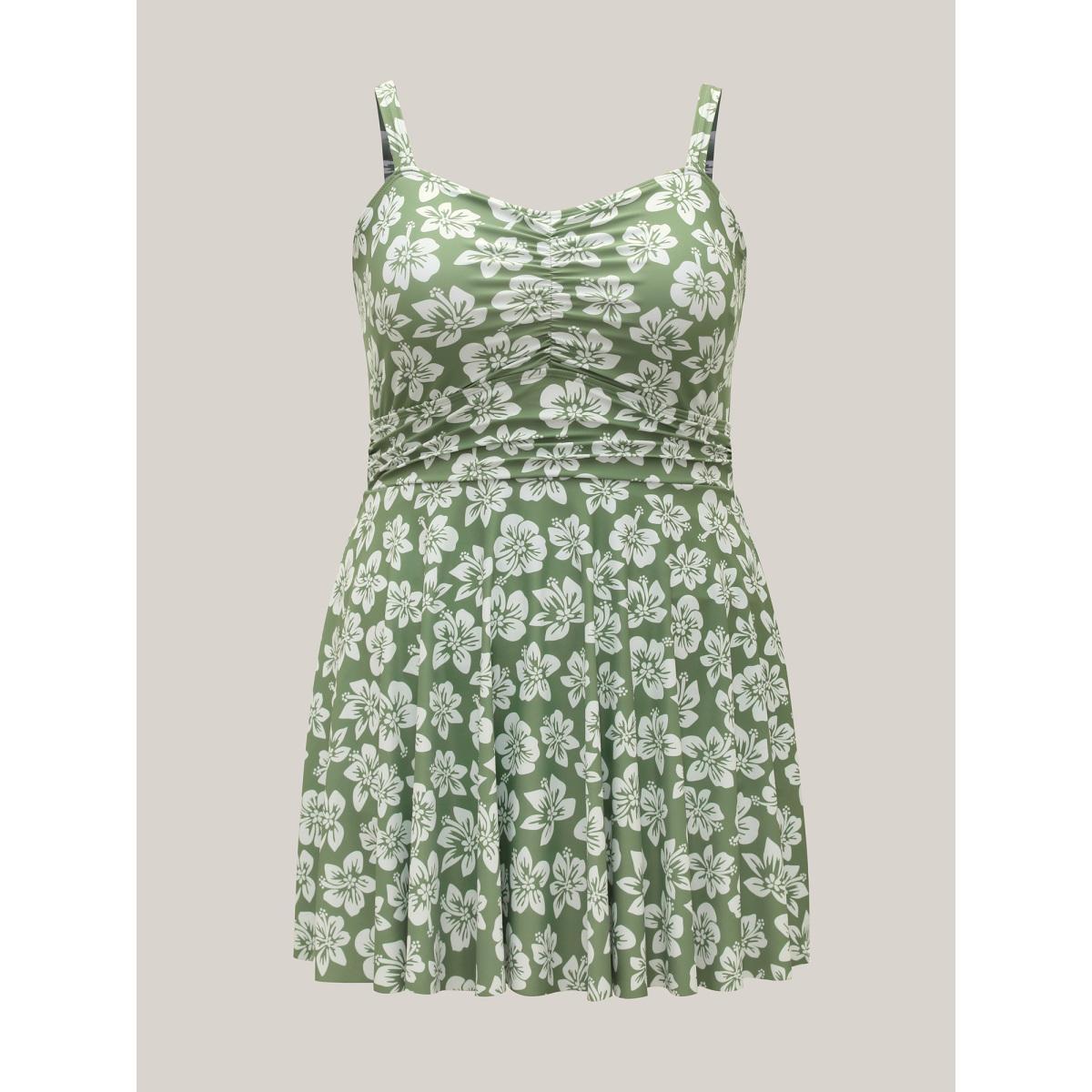 Plus Size Serene Floral Pattern Pleated Swim Dress Women's Swimwear Greenbean Beach Bodycon Heart neckline High stretch Curve Swim Dresses BloomChic 30/6X Product Image