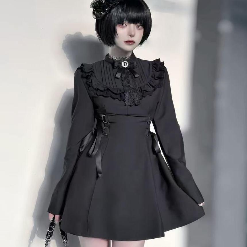 Long Sleeve Stand Collar Plain Bow Ruffle Tie-Up Mini A-Line Dress Product Image