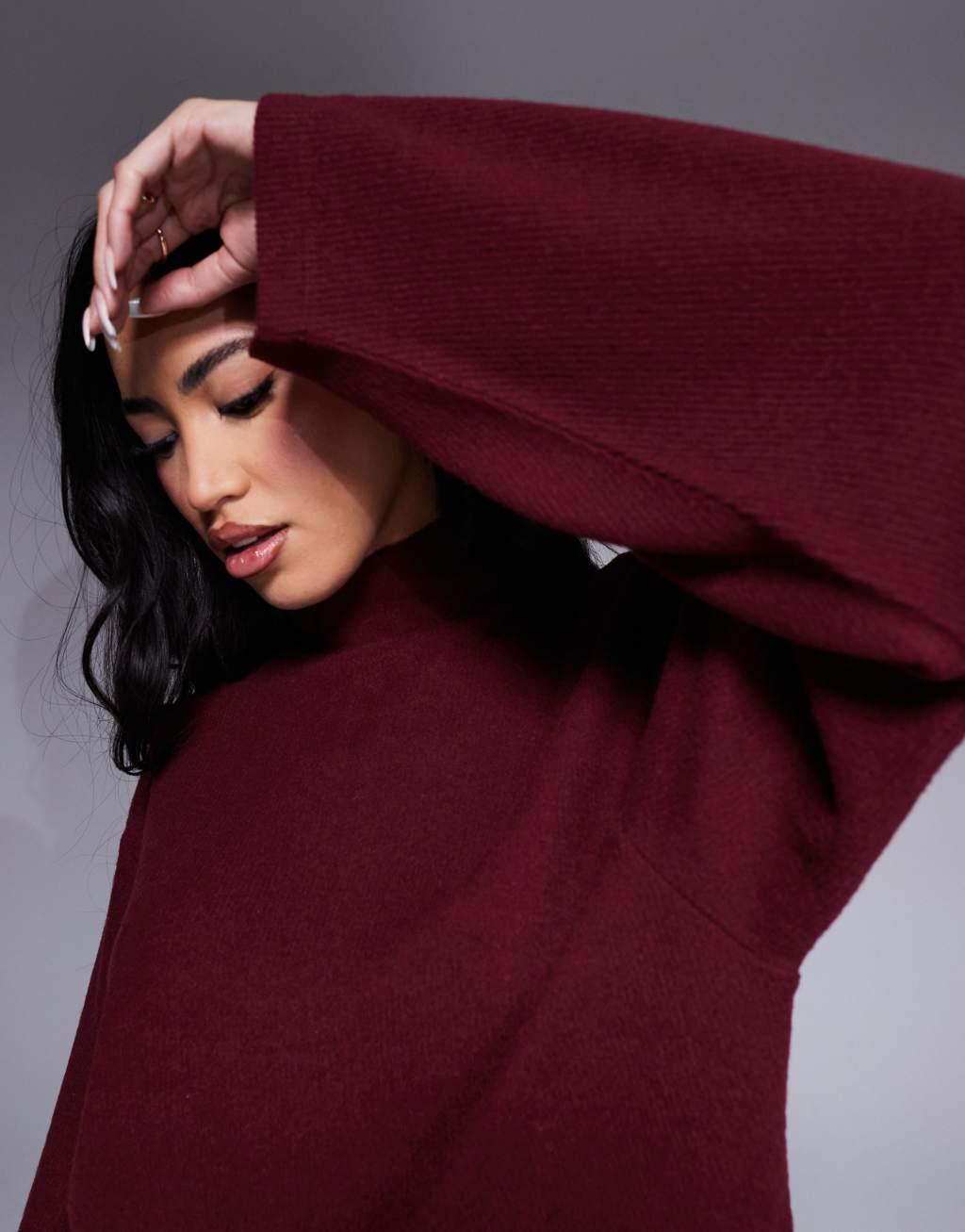 ASOS DESIGN jersey ribbed wide sleeve turtle neck top in burgundy - part of a set Product Image
