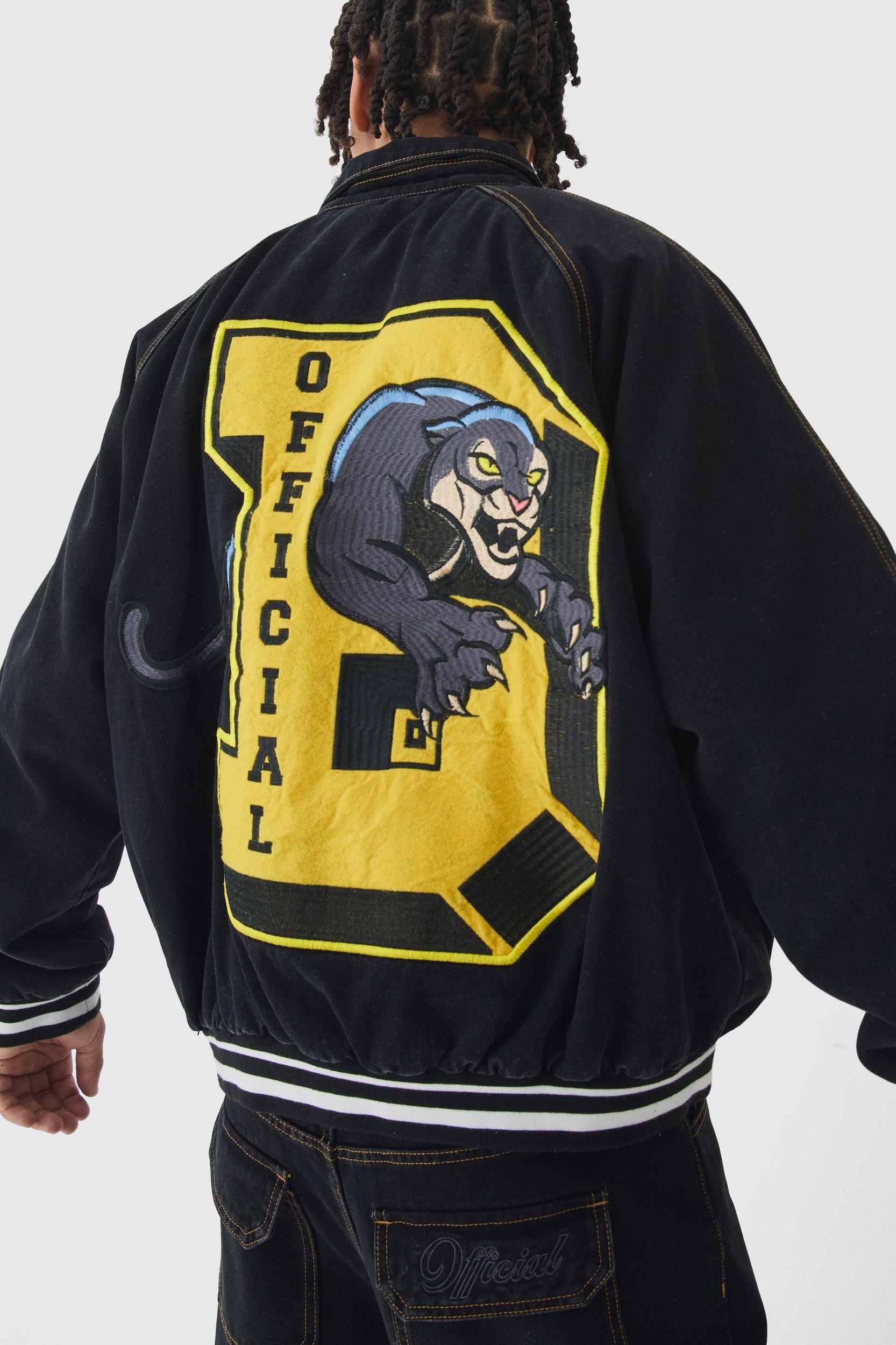 Oversized Denim Varsity Applique Bomber Jacket | boohooMAN USA Product Image