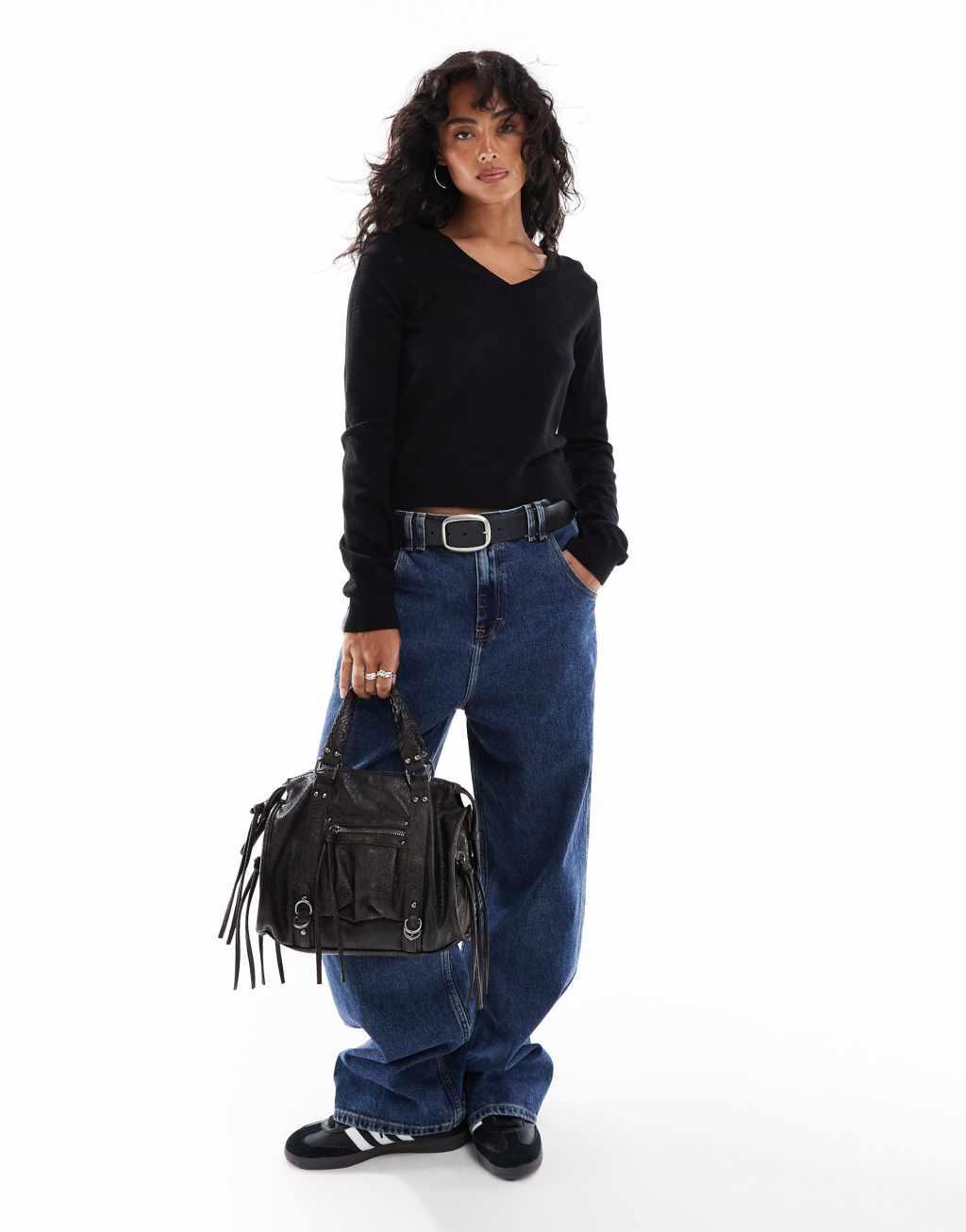 Stradivarius v neck knitted top in black Product Image