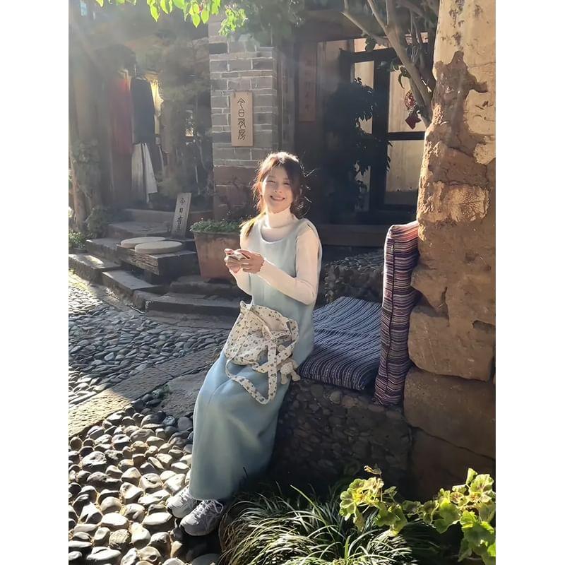 Round Neck Plain Maxi A-Line Overall Dress Product Image
