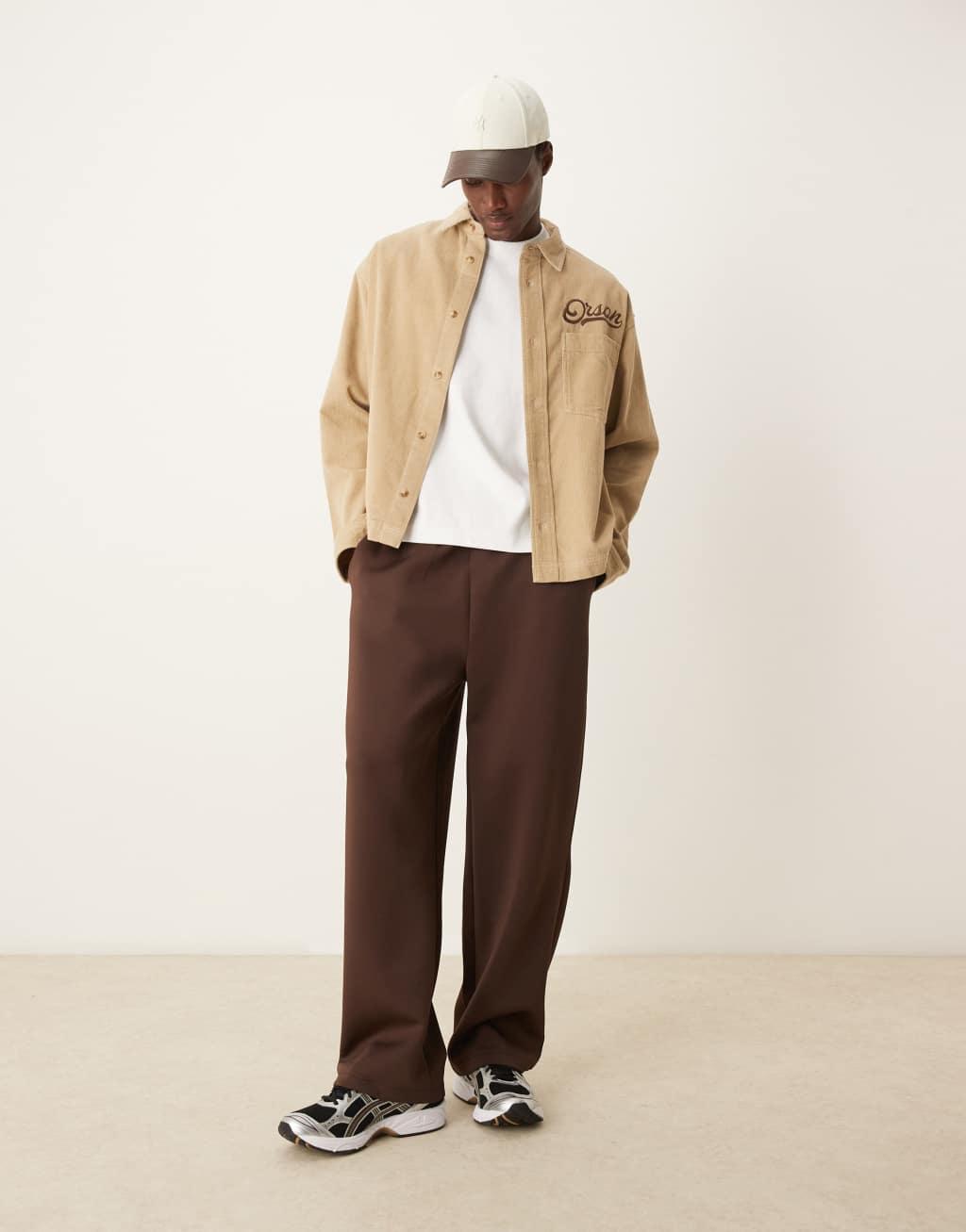 ASOS DESIGN boxy oversized cord shirt with chest embroidery in stone Product Image
