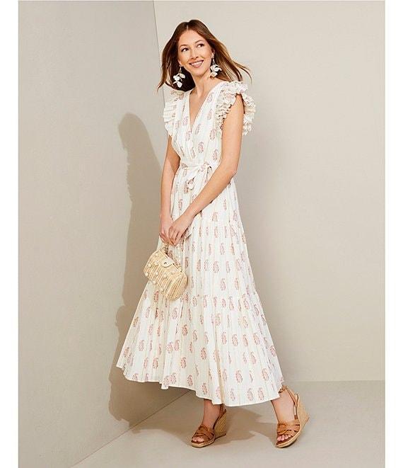 A Loves A Floral Metallic Striped Print Surplice V-Neck Short Ruffled Sleeve Tiered Maxi Dress Product Image