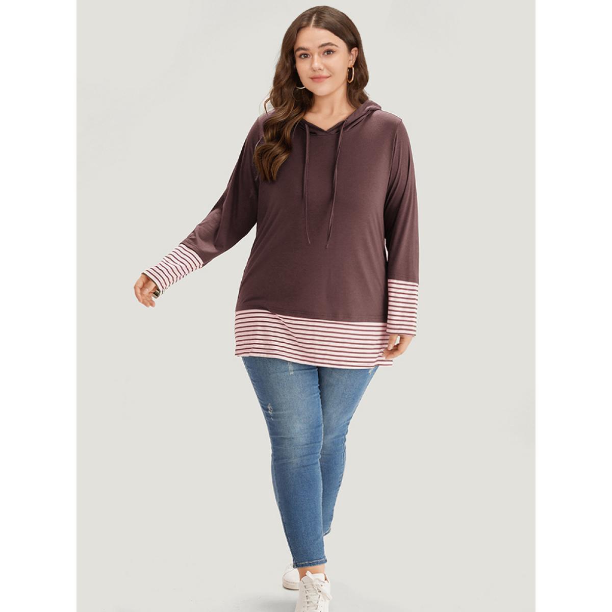 Plus Size Striped Patchwork Hooded Drawstring T-shirt Russet Women Casual Patchwork Striped Hooded Dailywear T-shirts BloomChic 28/5X Product Image