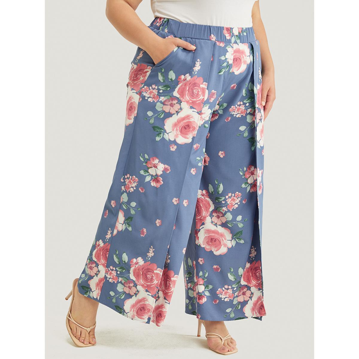 Plus Size Floral Print Pocket Split Wide Leg Pants Women Blue Elegant Mid Rise Dailywear Pants BloomChic 28/5X Product Image