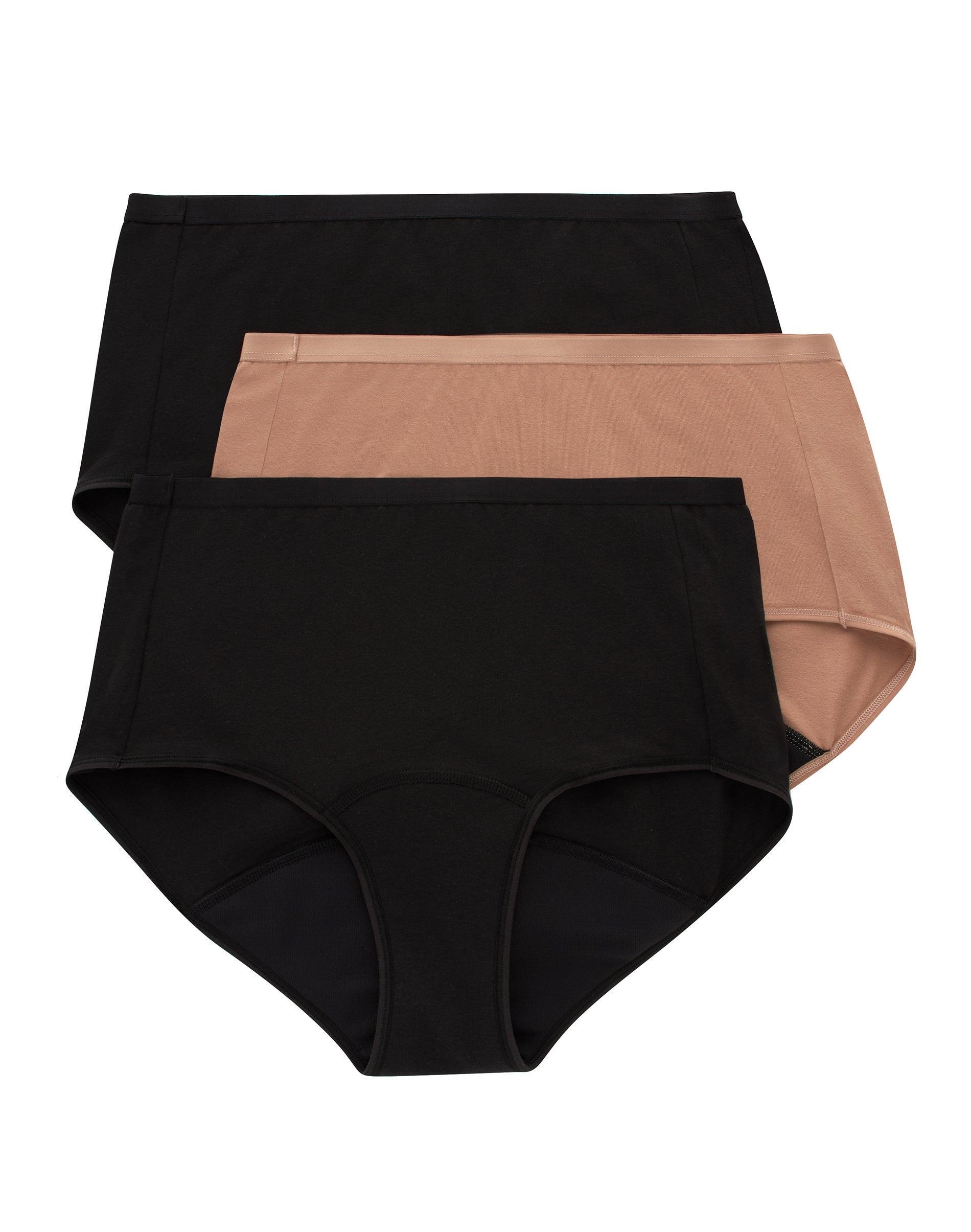Hanes Women's 3pk Comfort Period Briefs, Super Leaks - Black XL: Moisture Wicking, Absorbent Center Panel, Machine Washable Product Image