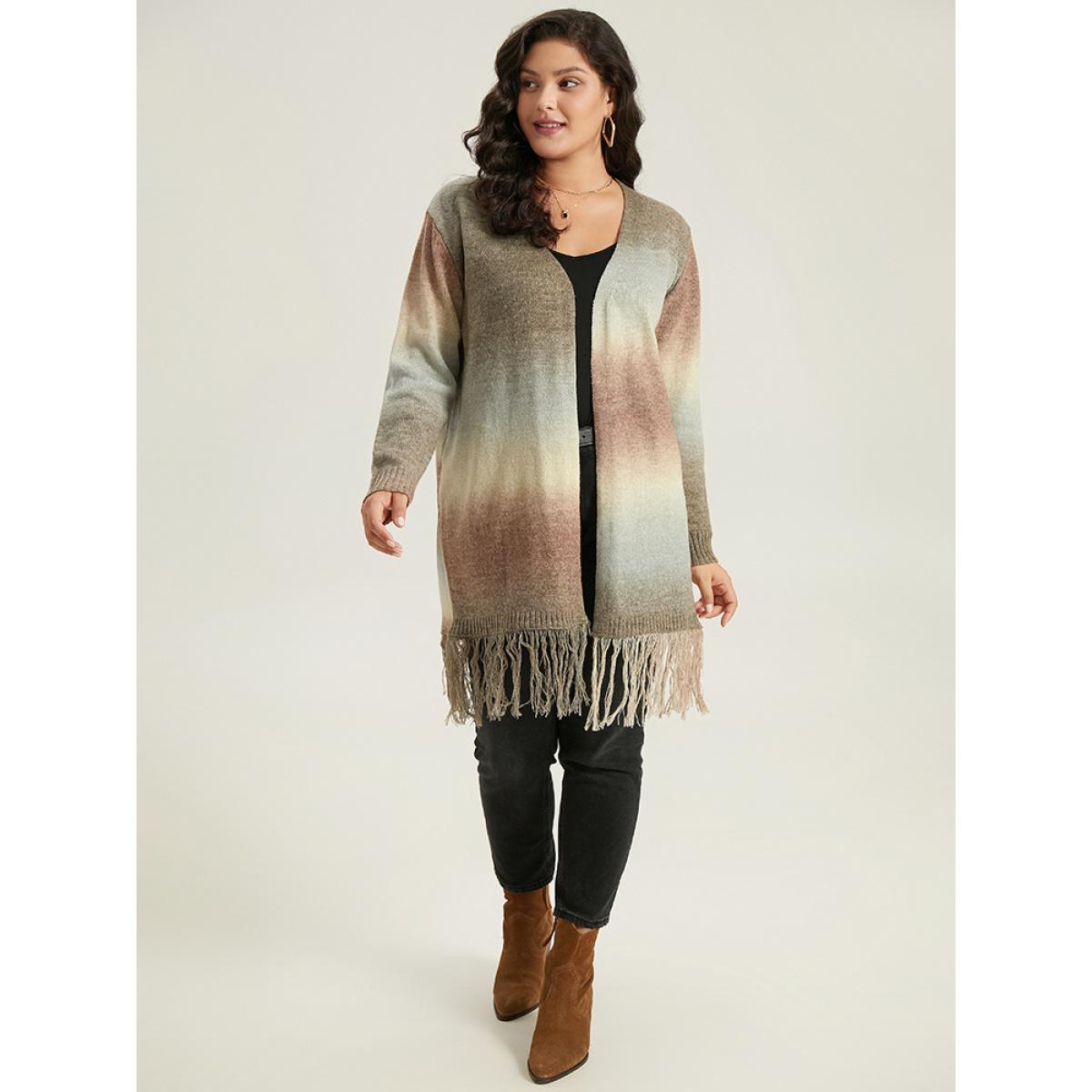 Plus Size Ombre Fringe Trim Open Front Cardigan Multicolor Women Casual Loose Long Sleeve Dailywear Cardigans BloomChic 12/L Product Image