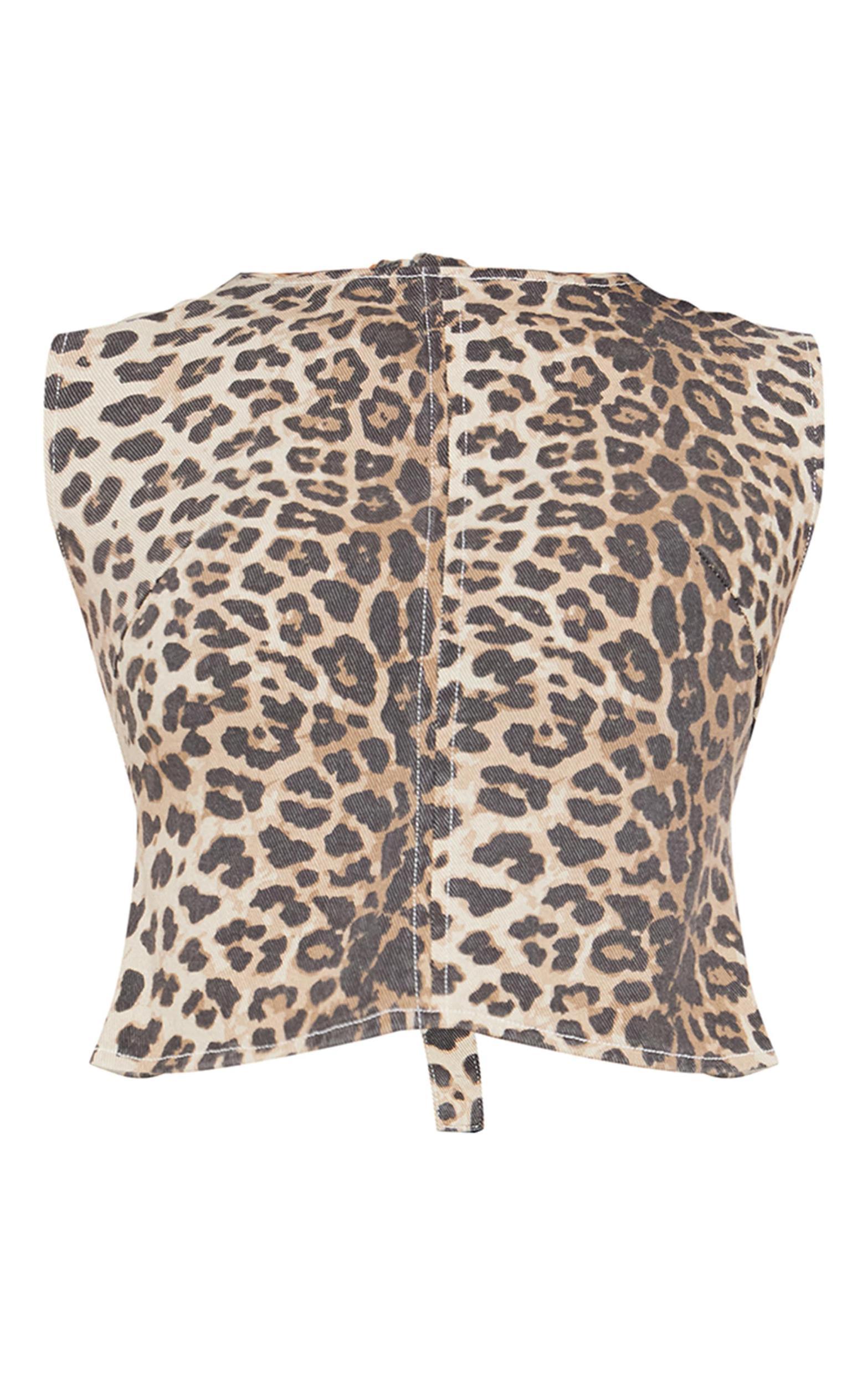 Light Brown Leopard Print Tie Back Detail Sleeveless Denim Top Product Image
