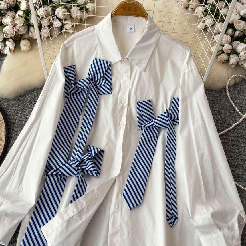 Long-Sleeve Ribbon Accent Plain Shirt Product Image