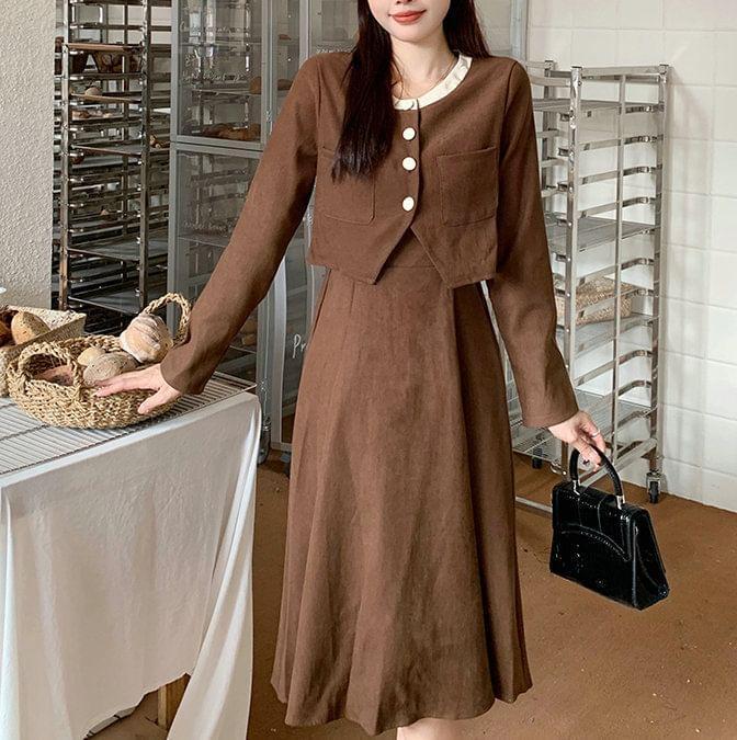 Set: Spaghetti Strap Plain Corduroy Midi A-Line Dress + Round Neck Contrast Trim Button Jacket Product Image