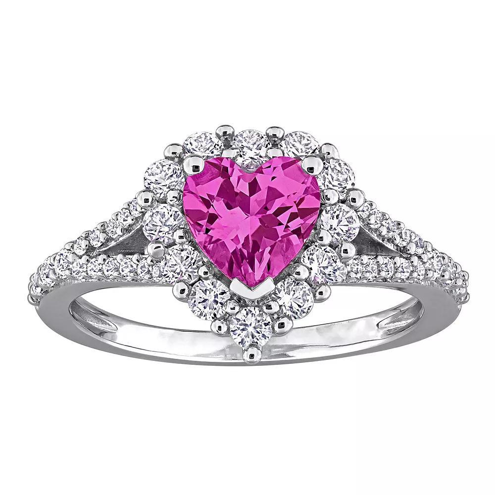 Stella Grace Sterling Silver Lab-Created Pink Sapphire & Lab-Created White Sapphire Halo Heart Engagement Ring, Women's, Size: 5 Product Image