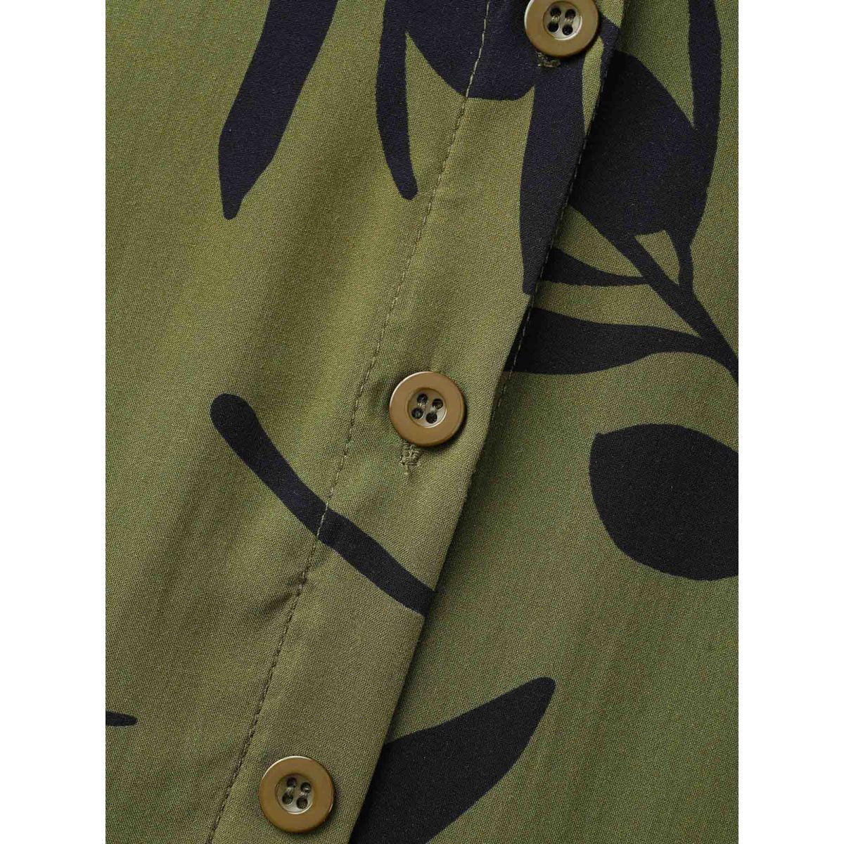Plus Size Tropical Print Shirt Collar Midi Dress ArmyGreen Women Elegant Button Shirt collar Short sleeve Curvy BloomChic 18-20/2X Product Image