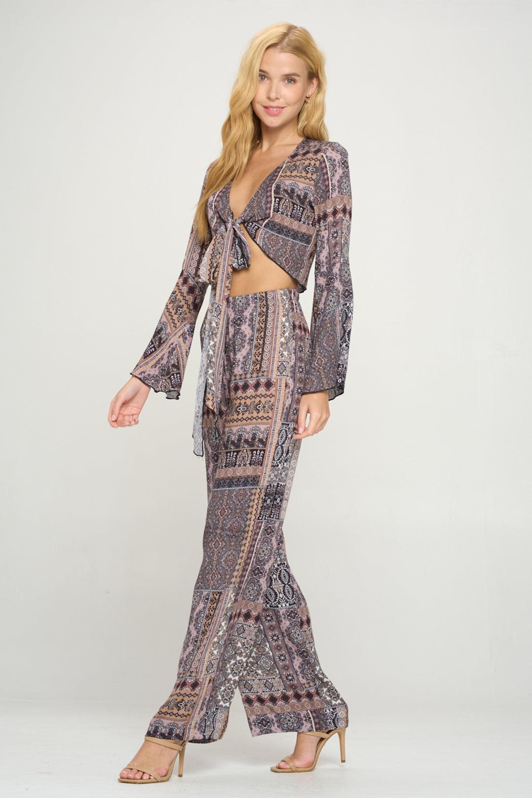 Tie Front Bell Sleeve Crop Cardigan Palazzon Pant Product Image