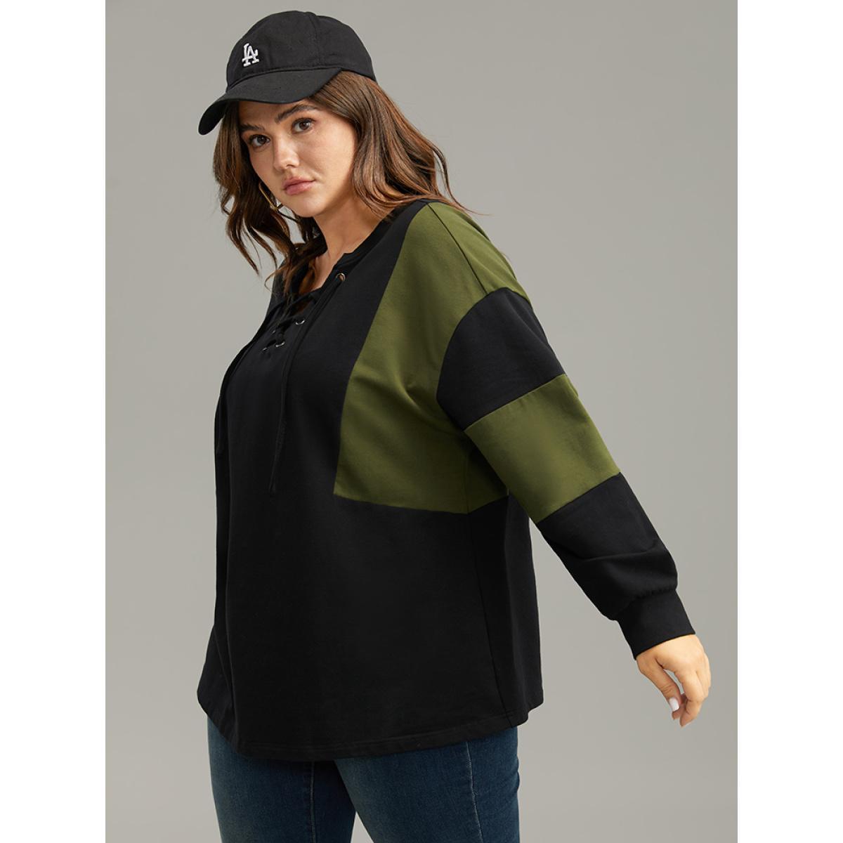Plus Size Cotton Colorblock Contrast Lace Up Sweatshirt Women Gray Casual Elastic cuffs V-neck Dailywear Sweatshirts BloomChic 28/5X Product Image