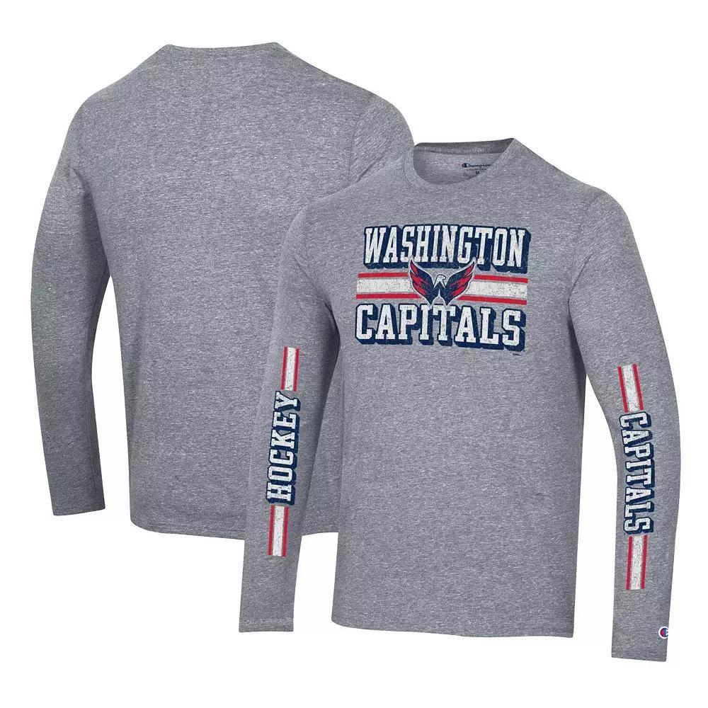 Men's Champion Heather Gray Washington Capitals Tri-Blend Dual-Stripe Long Sleeve T-Shirt, Size: XL, Grey Product Image