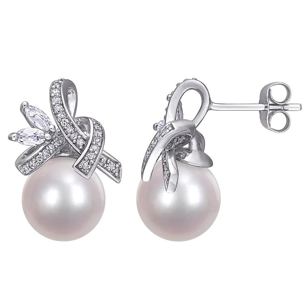 Stella Grace 10k White Gold 1/6 Carat T.W. Diamond, Freshwater Cultured Pearl & White Topaz Earrings, Women's Product Image