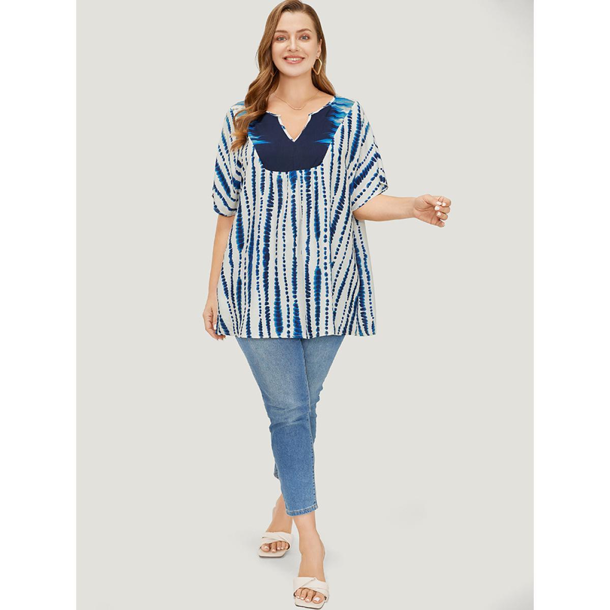 Plus Size Multicolor Tie Dye Patchwork Batwing Sleeve Notched Neck Blouse Women Vacation Short sleeve Notched collar Dailywear Blouses BloomChic 14-16/1X Product Image