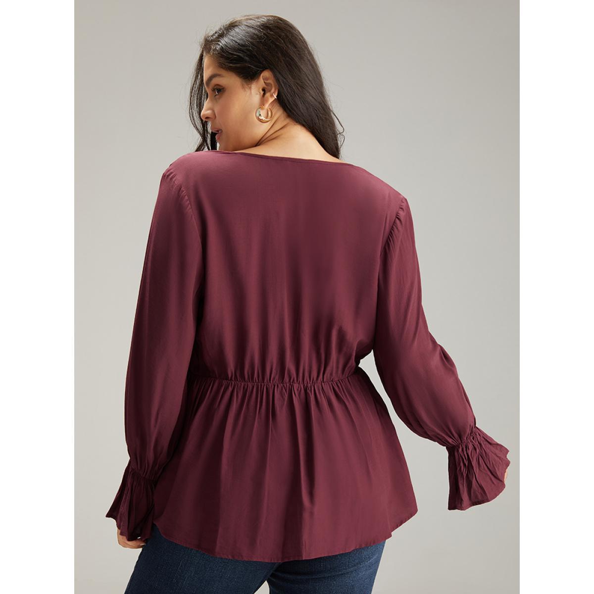 Plus Size Burgundy Button Detail Ruffle Trim Blouse Women Elegant Long Sleeve V-neck Dailywear Blouses BloomChic 22-24/3X Product Image