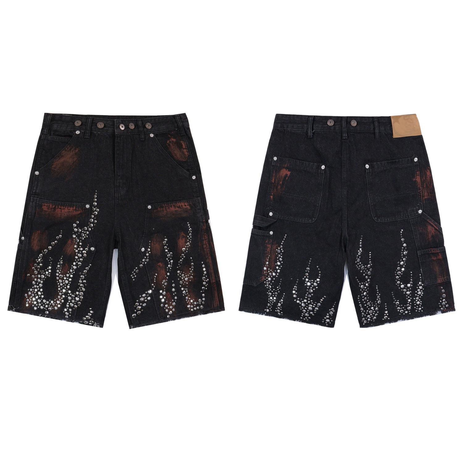 Hiphop Street Flame Rhinestone Five-point Denim Shorts Product Image