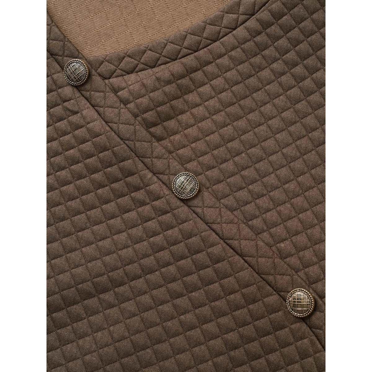 Plus Size Plain Argyle Quilted Button Detail Sweatshirt Women DarkBrown Casual Non V-neck Everyday Sweatshirts BloomChic 18-20/2X Product Image