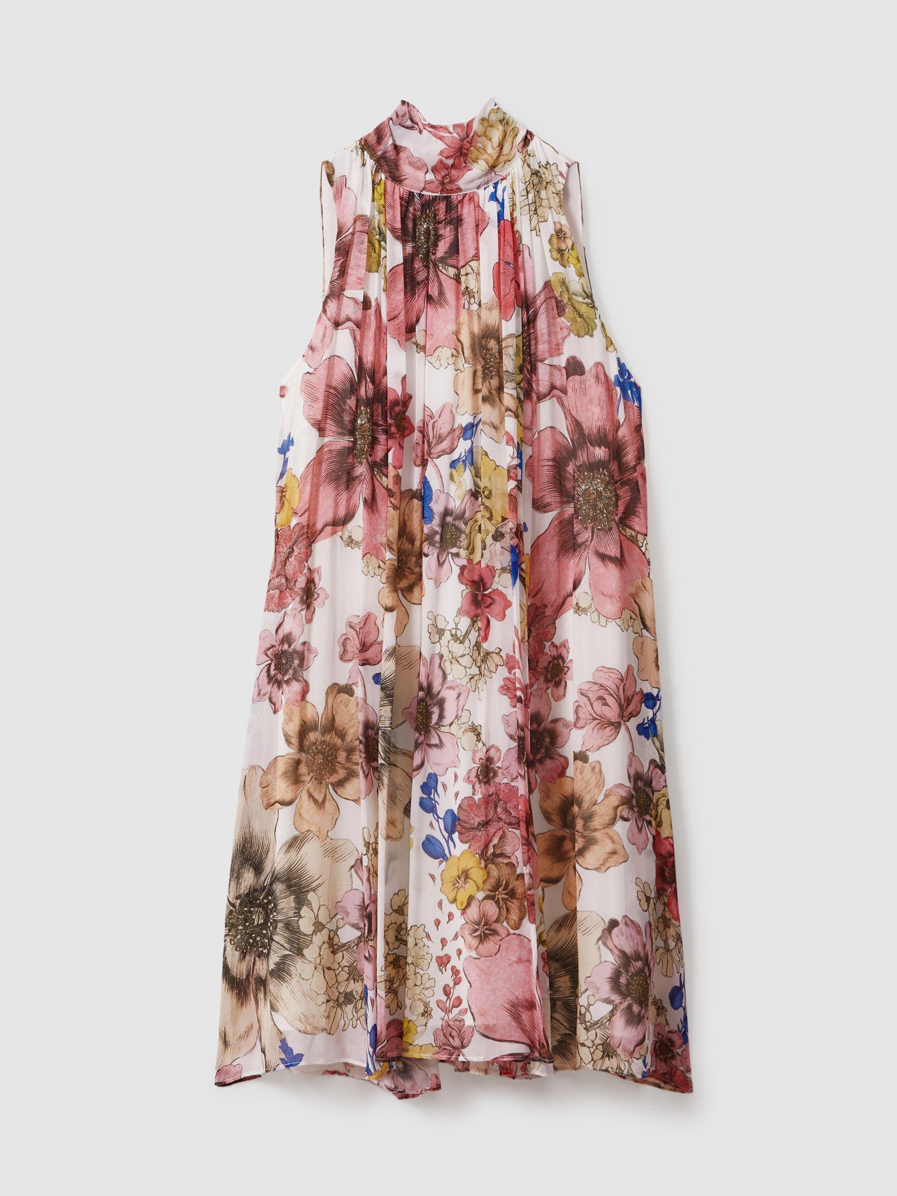 Floral Pleated Tie Neck Mini Dress in Cream/Pink Product Image