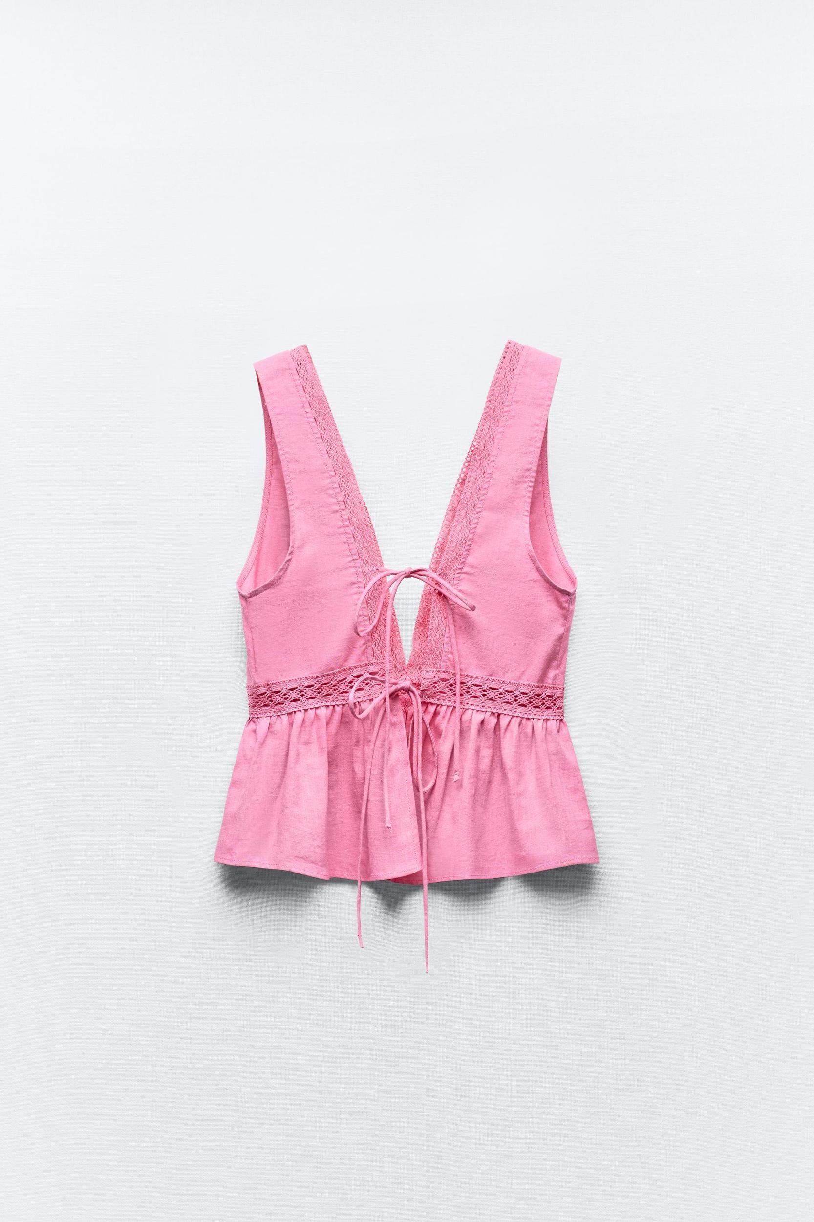 LINEN BLEND LACE INSERT TOP Product Image