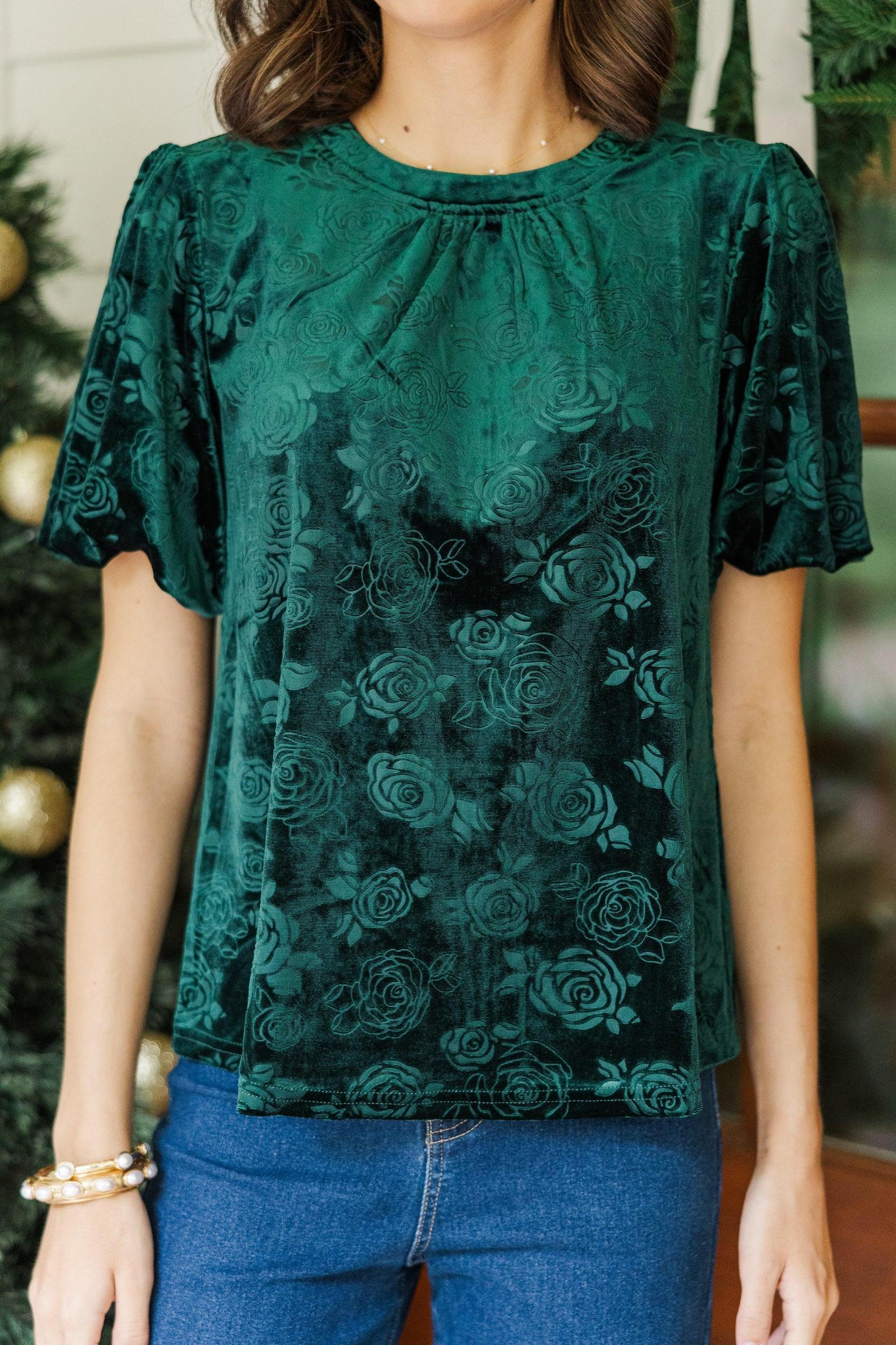 All In Emerald Green Floral Velvet Blouse Female Product Image
