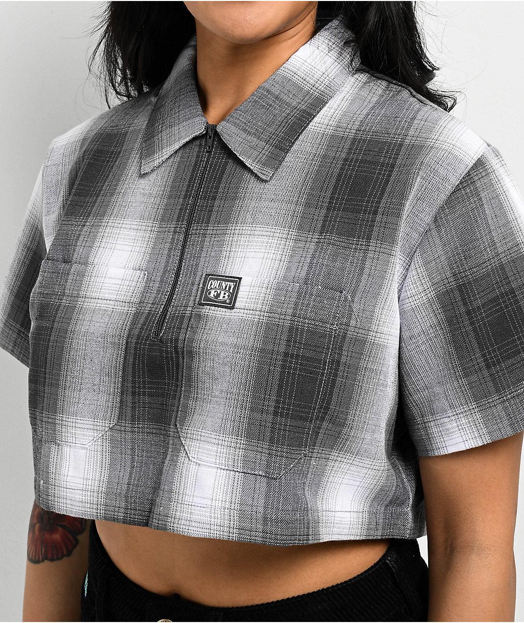 FB County Checker Grey Zip Crop Short Sleeve Shirt Product Image