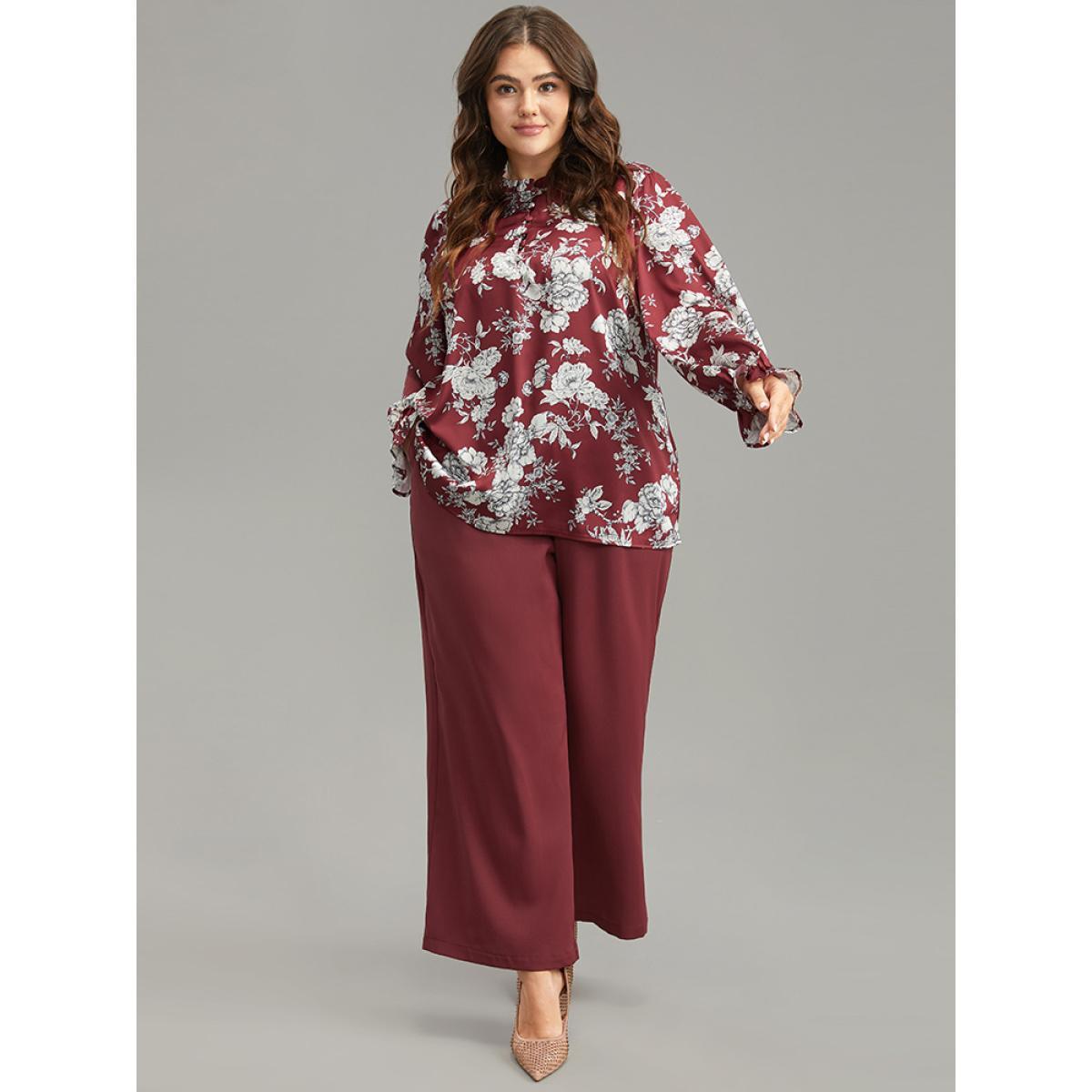 Plus Size Scarlet Silhouette Floral Print Frill Trim Button Detail Blouse Women Elegant Long Sleeve Round Neck Dailywear Blouses BloomChic 18-20/2X Product Image