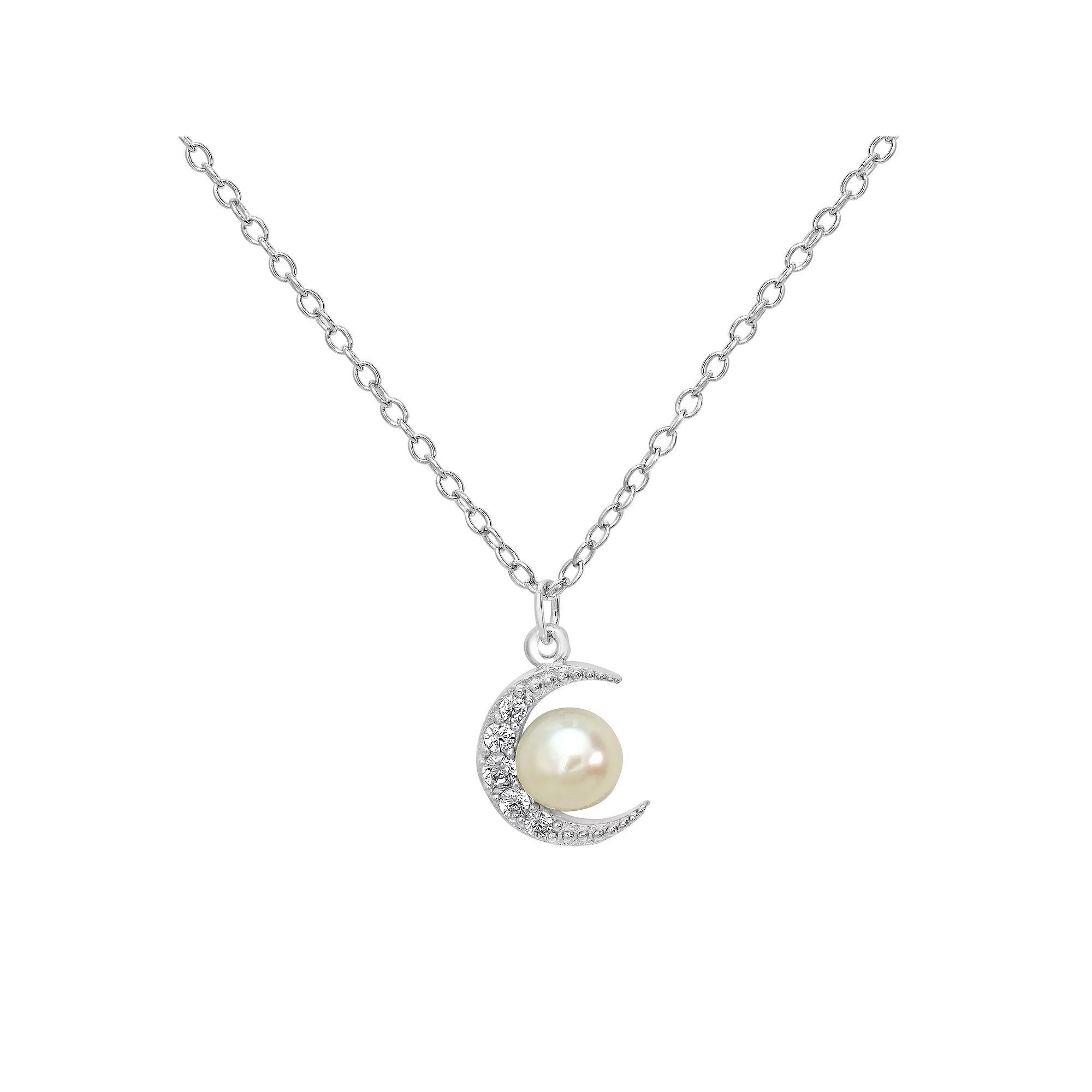 Gemistry Sterling Silver Cubic Zirconia & Freshwater Cultured Pearl Crescent Moon Pendant Necklace, Women's, Size: 18-20" ADJ Product Image