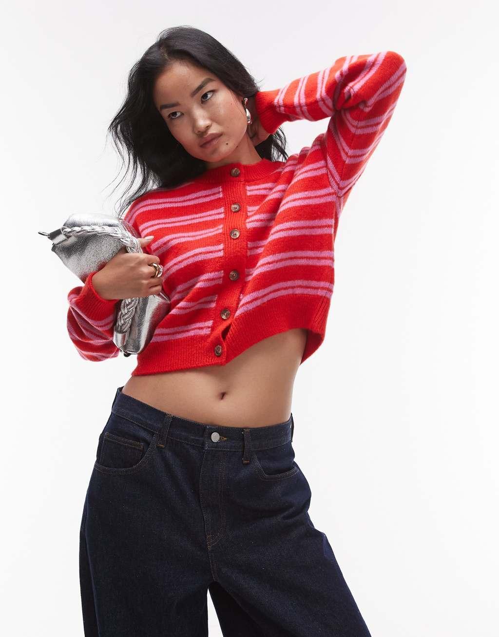 Topshop knitted ultimate micro cardi in red and pink stripe Product Image