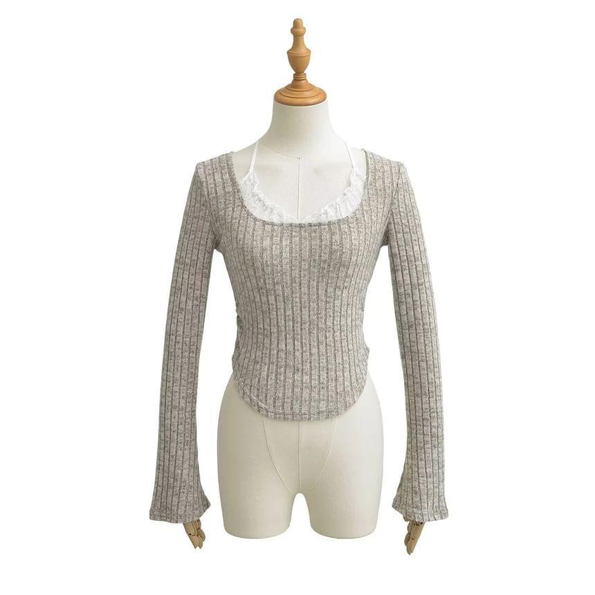 Long-Sleeve Scoop Neck Lace Trim Ribbed Knit Cropped Top Product Image