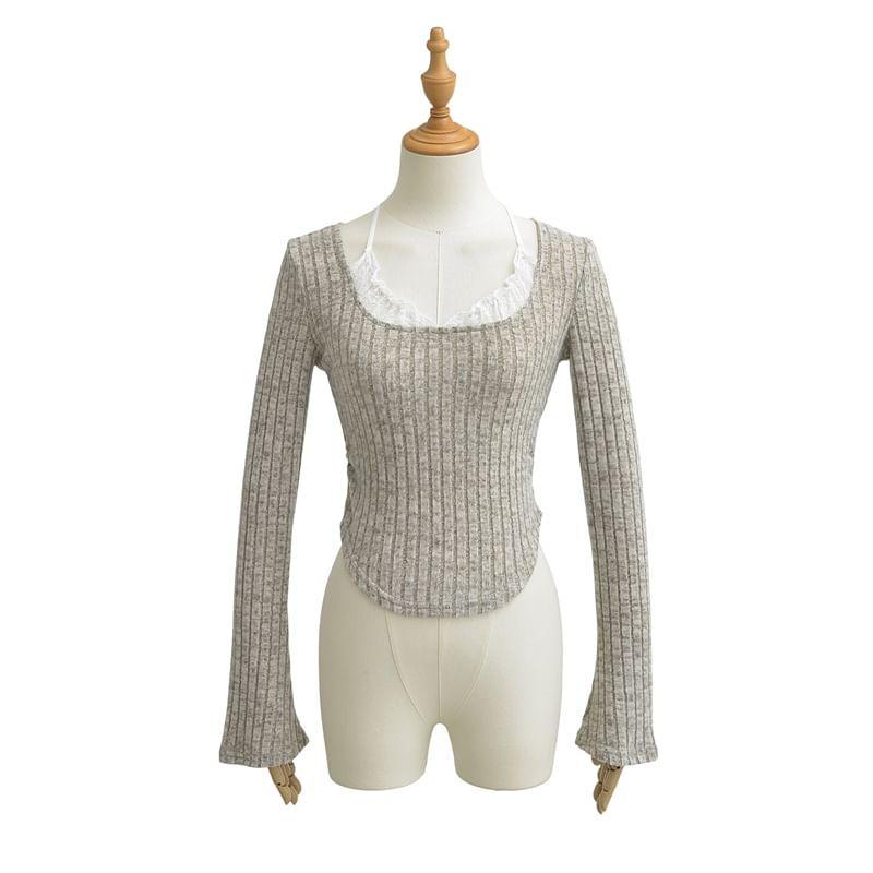 Flared-Sleeve Scoop Neck Plain Ribbed Lace Trim Asymmetrical Tee Product Image
