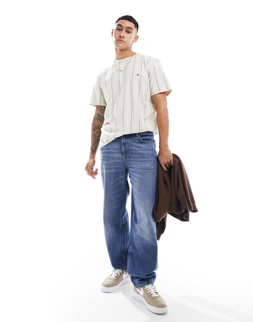 Tommy Jeans regular varsity pinstripe tank top in off white Product Image