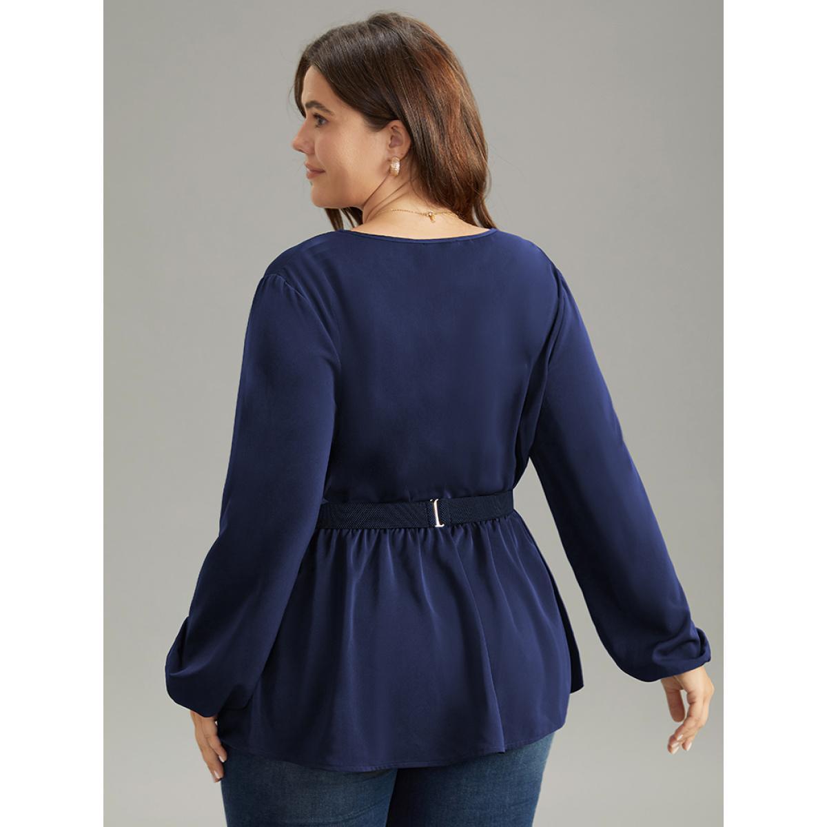 Plus Size Indigo Solid Wrap Flutters Style Accents Belted Blouse Women Office Long Sleeve V-neck Work Blouses BloomChic 30/6X Product Image