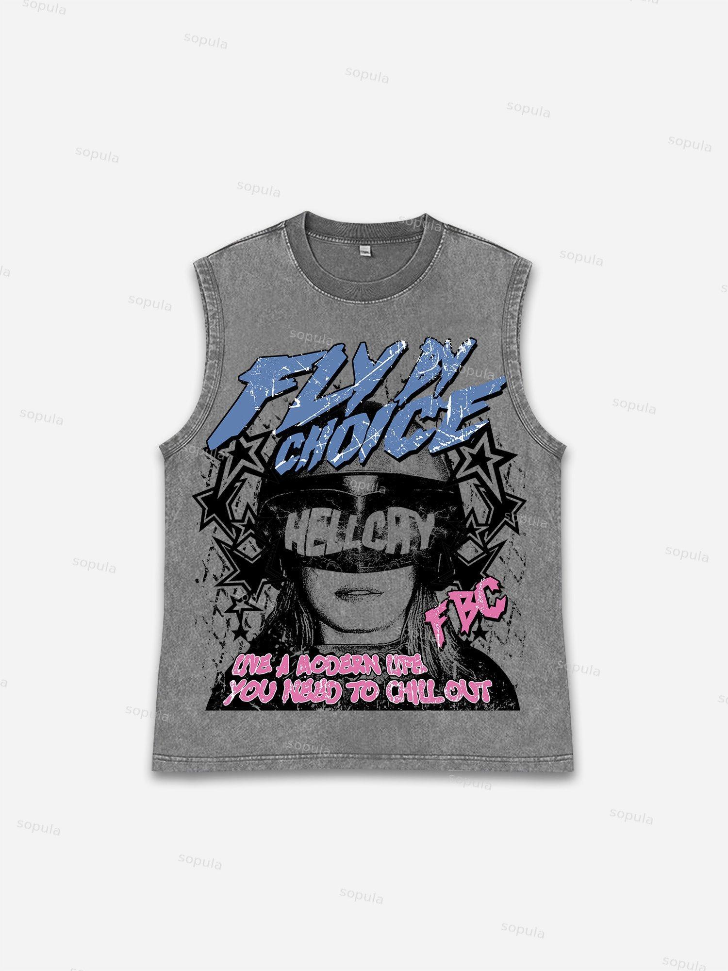 Fly By Choice Graphic Print Acid Washed Sleeveless Tank Top Product Image