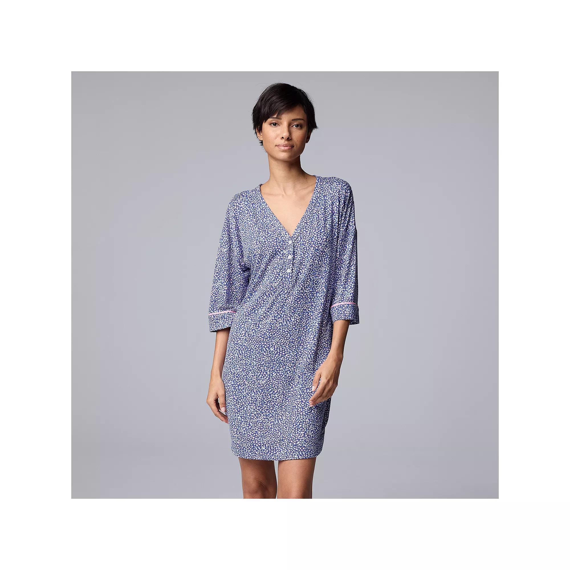 Women's Simply Vera Vera Wang Cozy Elbow Sleeve Henley Sleepshirt, Size: XL, Blue Hearts Product Image