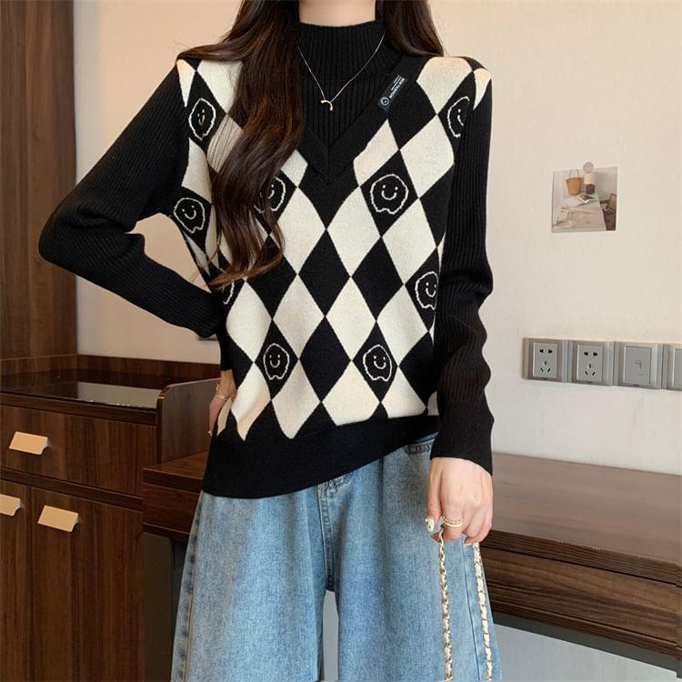 Long-Sleeve Mock Neck Mock Two-Piece Smiley Face Print Panel Knit Top Product Image