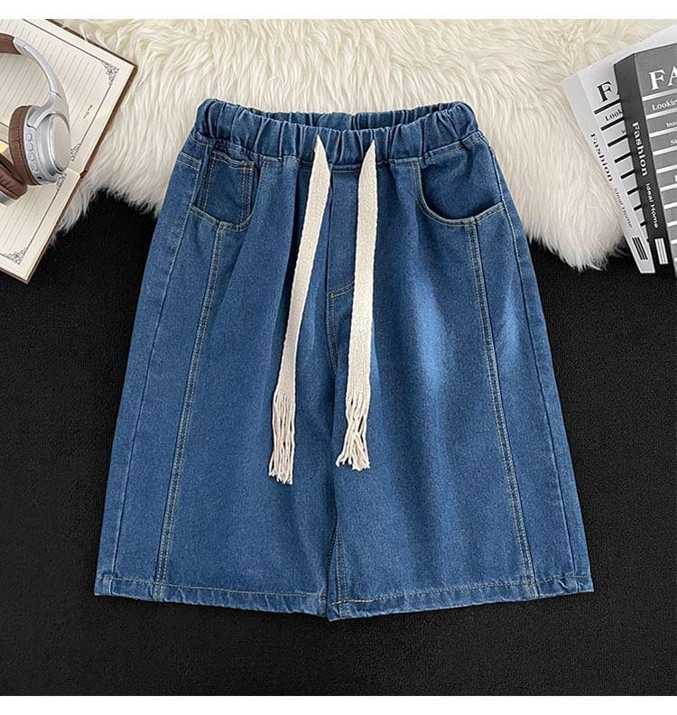 Elastic Waist Washed Denim Shorts Product Image